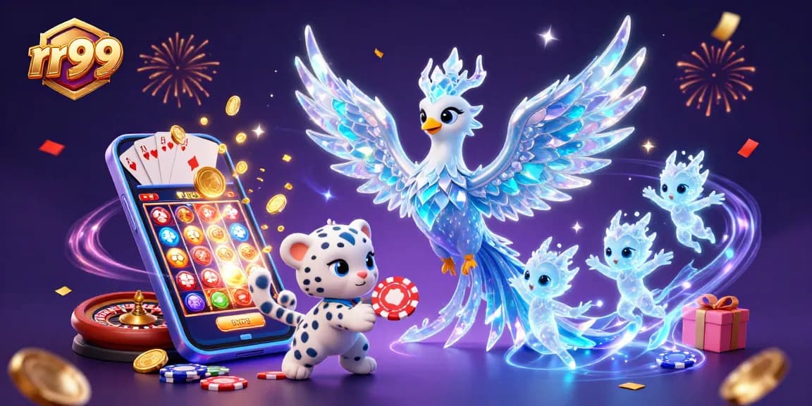 Experience rr99 with vibrant casino characters and dynamic game elements in a lively 3D illustration.