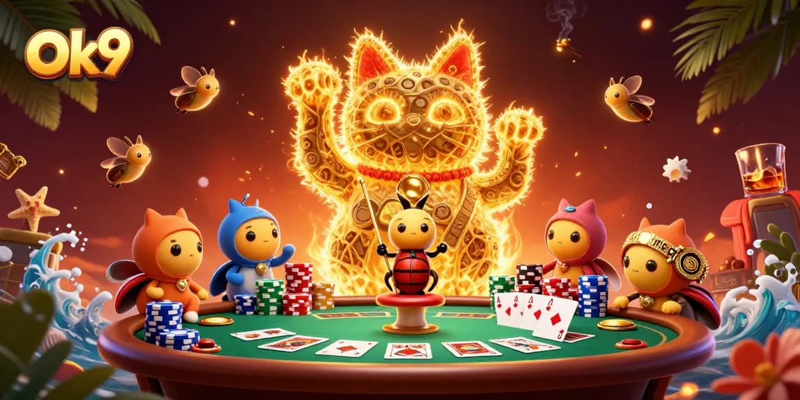 Experience the vibrant Ok9 casino scene with golden fireflies and poker elements in dynamic action.