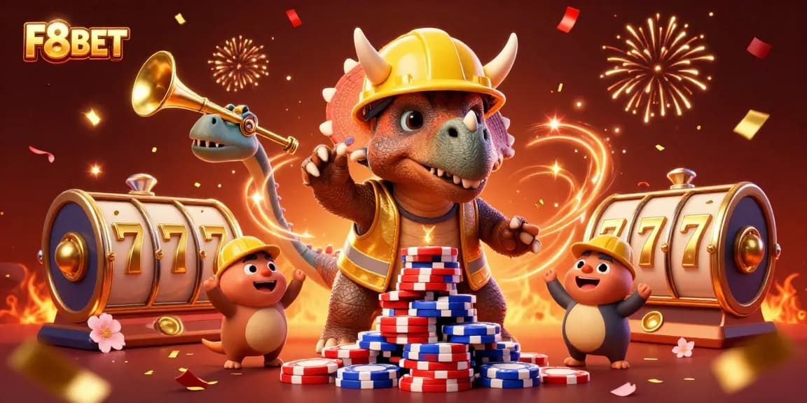 Experience the thrill of F8BET with a festive 3D illustration showing fun casino elements and excitement.