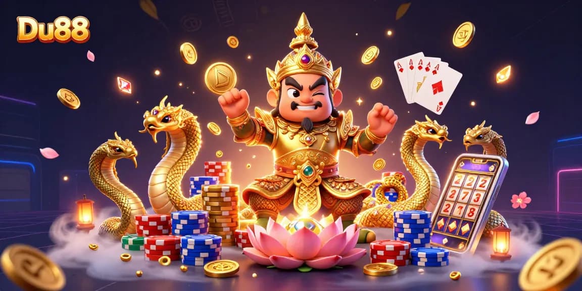 Experience the excitement of Du88 with a vibrant 3D illustration featuring gambling elements like poker chips and slot reels.