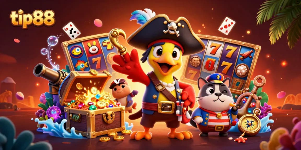 Engage with tip88's dynamic casino-themed illustration showcasing pirate adventure and exciting slot action.