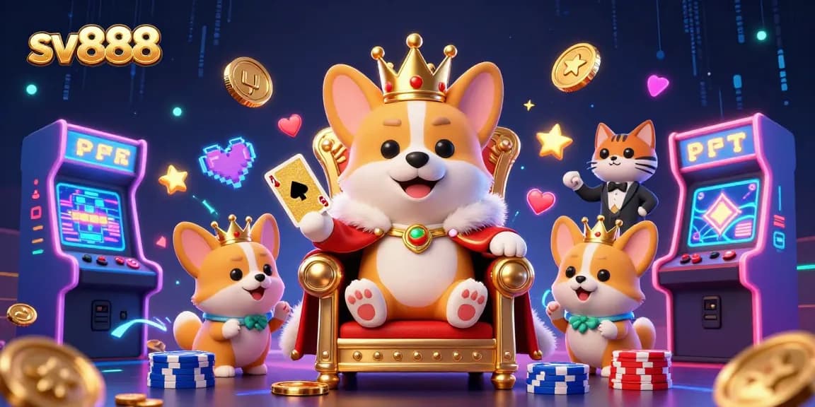 Experience exciting gameplay at sv888 with a vibrant 3D scene featuring a royal corgi and gaming elements.