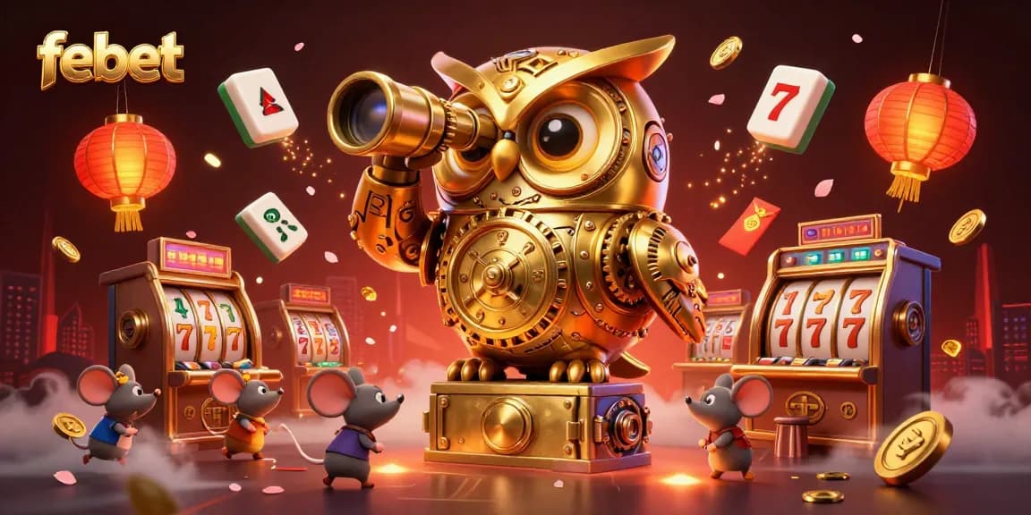 Experience unforgettable thrills at febet casino with a lively owl overseeing action-packed slot machines.