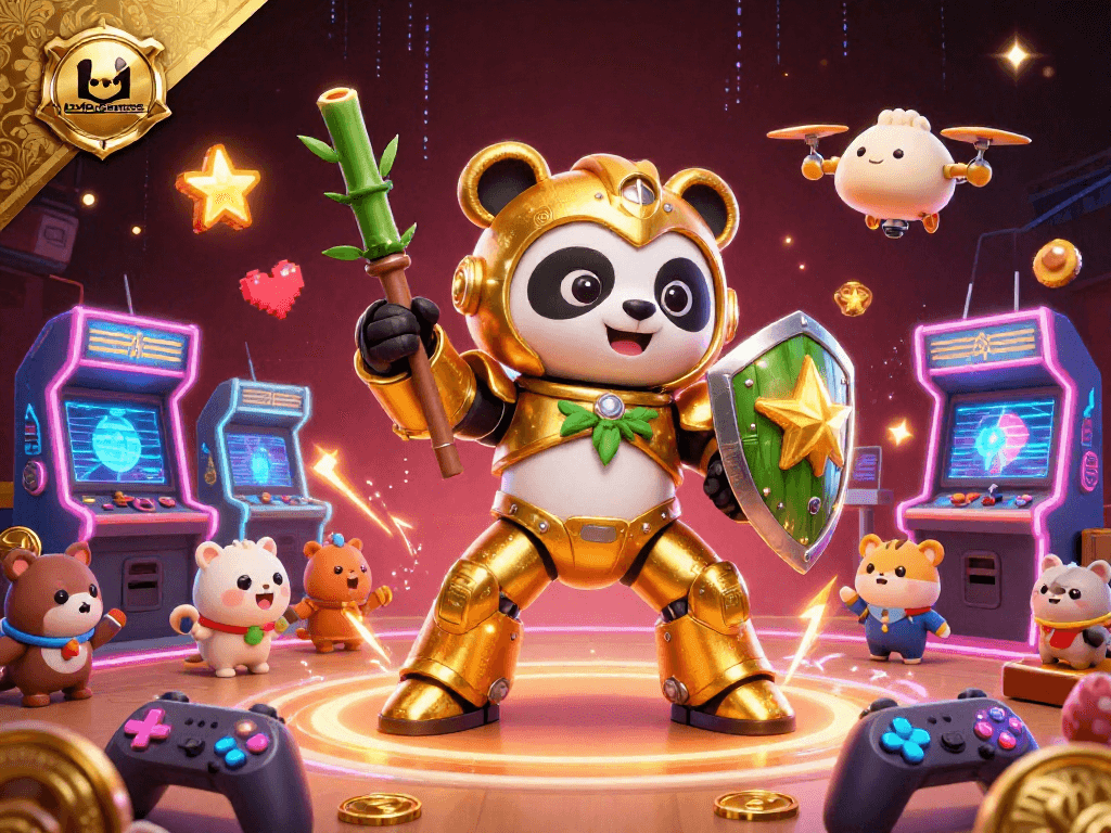 Loto-games features a golden panda in a mech suit battling in a lively arena full of arcade game elements.