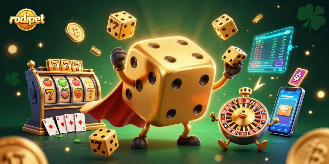 Experience exciting slot games with rodipet in a dynamic casino scene filled with golden dice and cryptocurrency.
