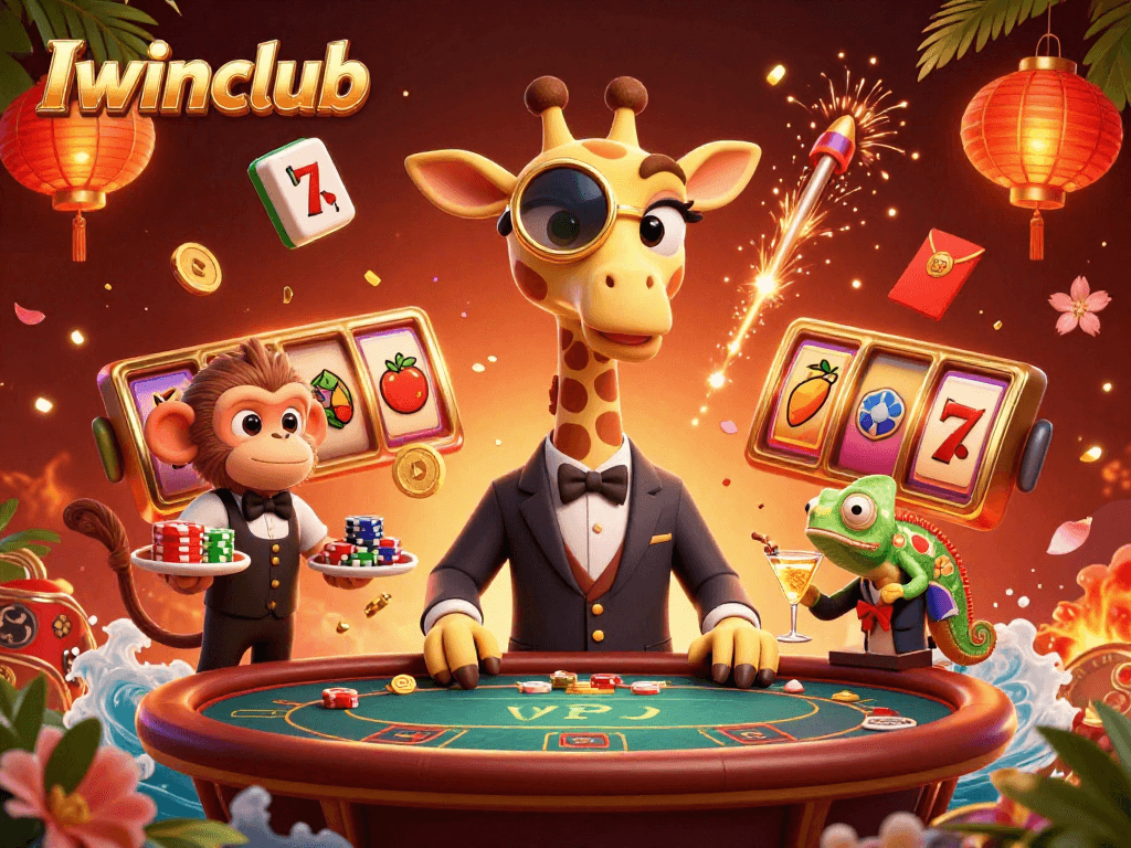 Iwinclub showcases a high-roller giraffe at a lively poker table with vibrant casino elements.