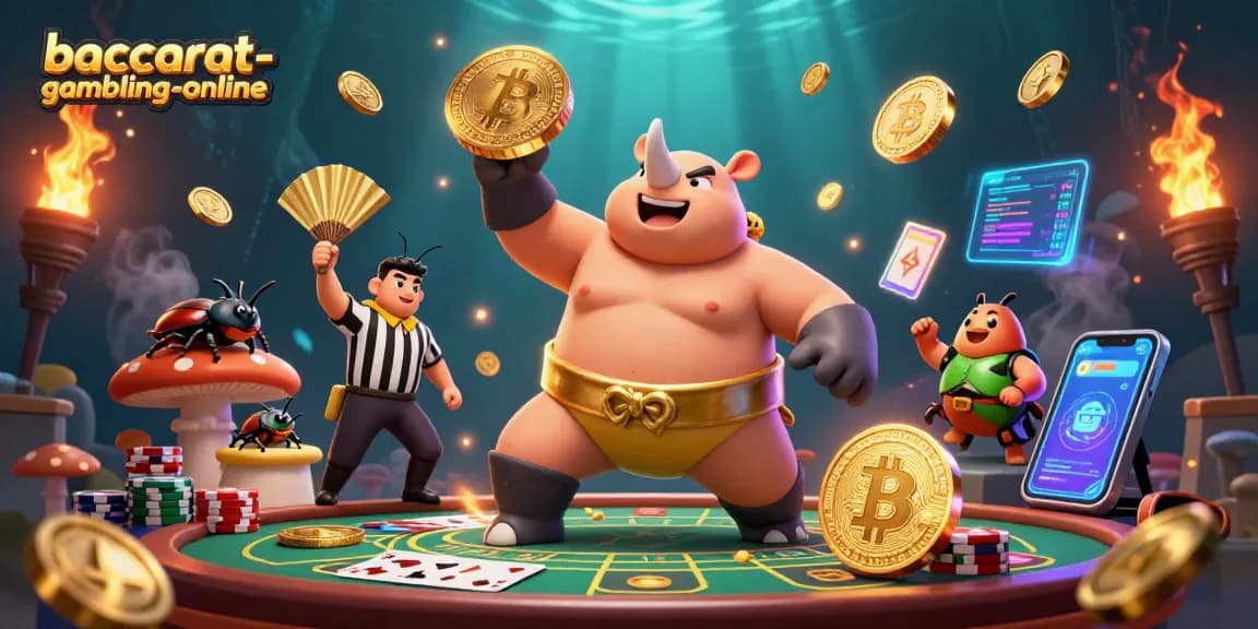 Engage in baccarat-gambling-online with a dynamic 3D scene featuring a sumo beetle champion and vibrant casino elements.