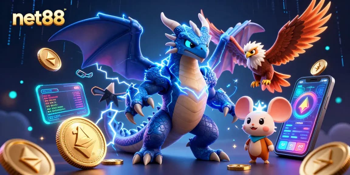 Experience net88 in a vibrant 3D casino scene with electrifying characters and crypto-themed elements.