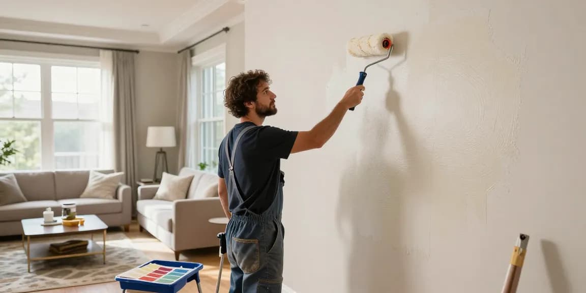 Painter in Lincoln transforming a living room with a fresh coat of paint, demonstrating quality craftsmanship.