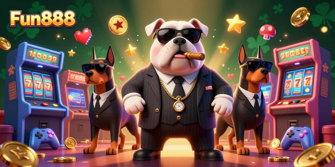 Engage in thrilling action at Fun888 with 3D cartoon mafia bulldog and gaming elements.