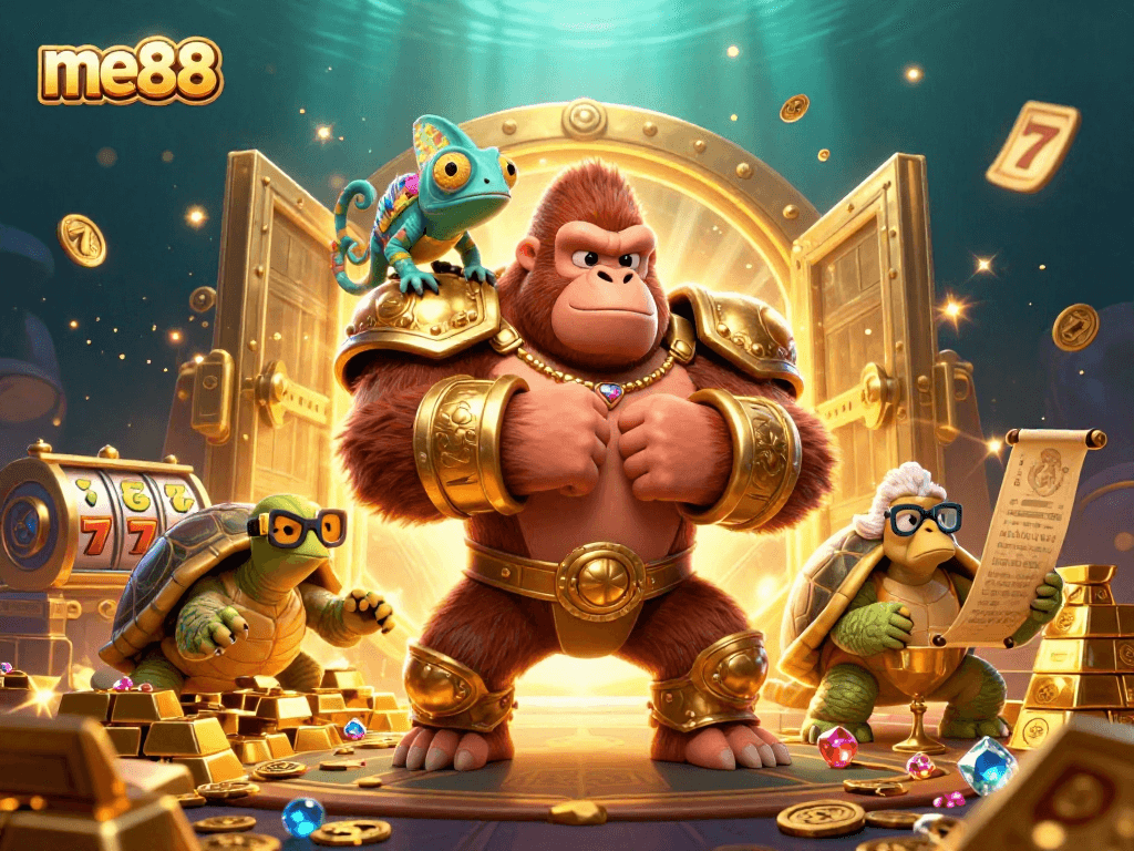 Engage with me88's gaming adventure featuring a powerful gorilla and treasure in captivating 3D