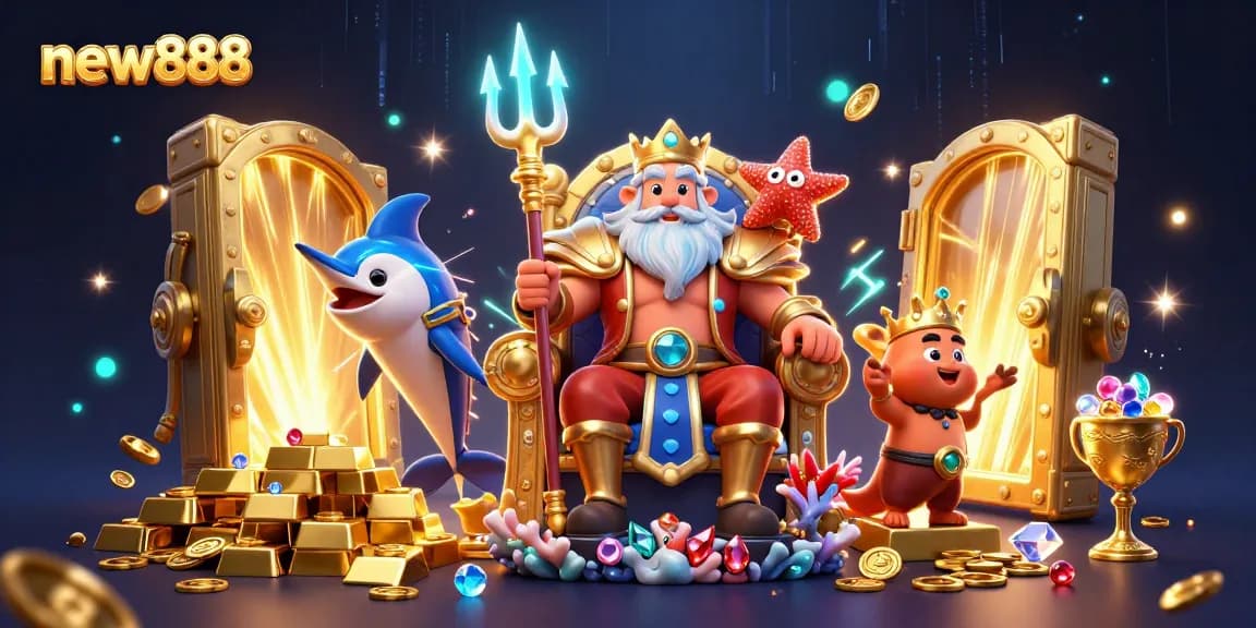Win big with new888 in this captivating online casino scene featuring Neptune and treasures.