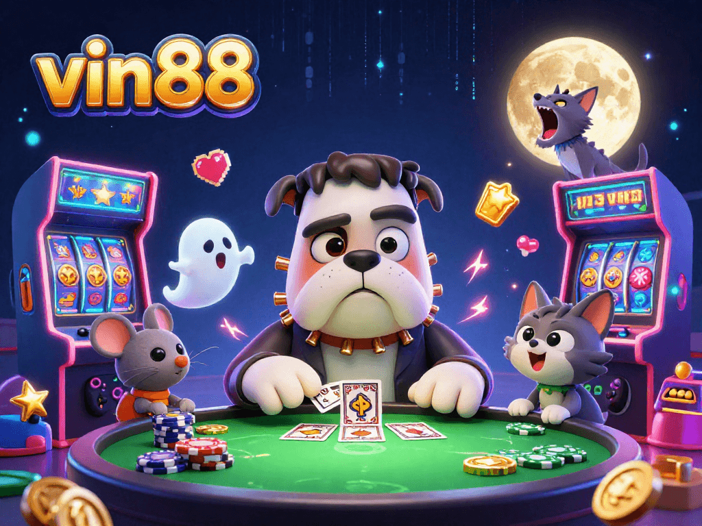 vin88 cartoon character with Frankenstein bulldog deals cards at spooky table amid vibrant casino elements