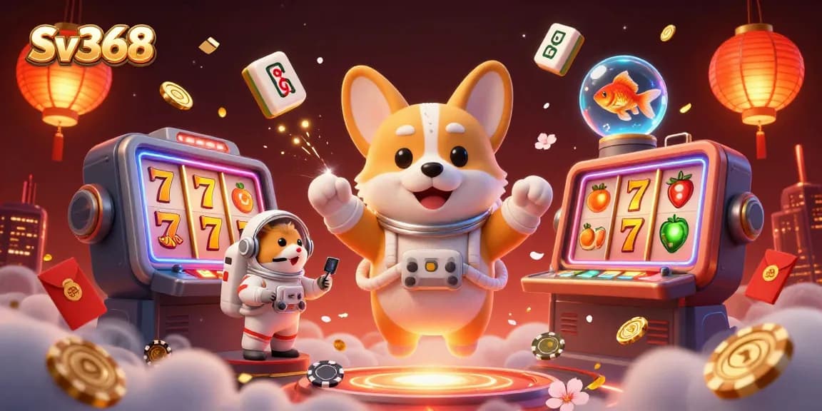 Experience exhilarating casino action with Sv368, featuring a floating astronaut corgi and dynamic slot game elements.