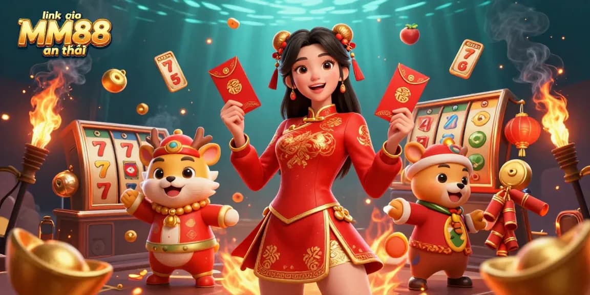 Engage with the link vào MM88 an toàn and enjoy vibrant slot games in a festive illustration.