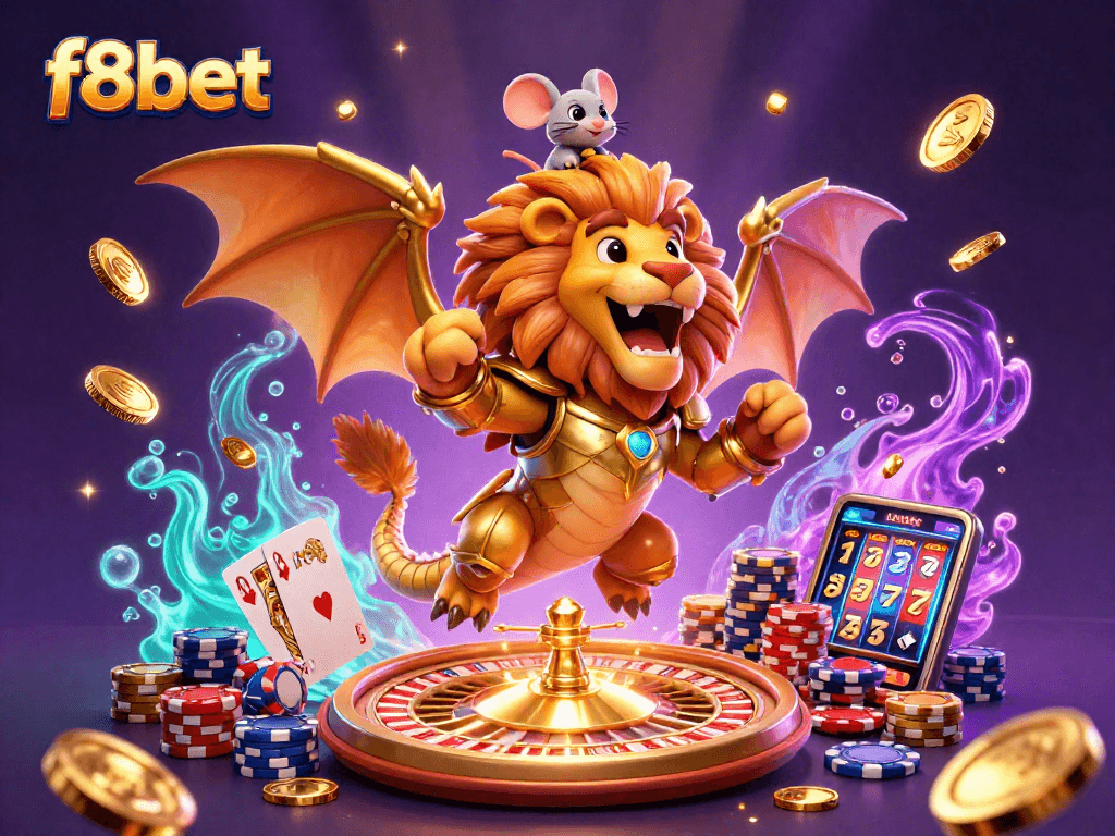 Experience thrilling gameplay with f8bet at this colorful online casino illustration showcasing a golden chimera and vibrant gaming elements.