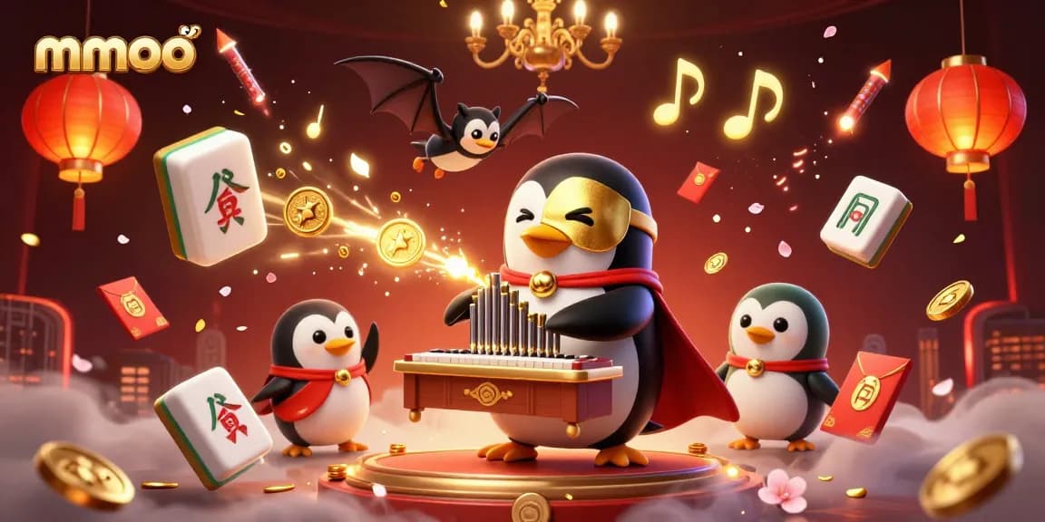 Mmoo casino scene featuring a penguin, golden coins, acrobat bat, and vibrant gaming elements.
