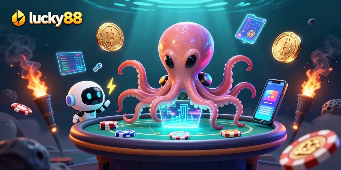 Play exciting games at lucky88 with a vibrant alien octopus and poker chips in a cosmic setting.