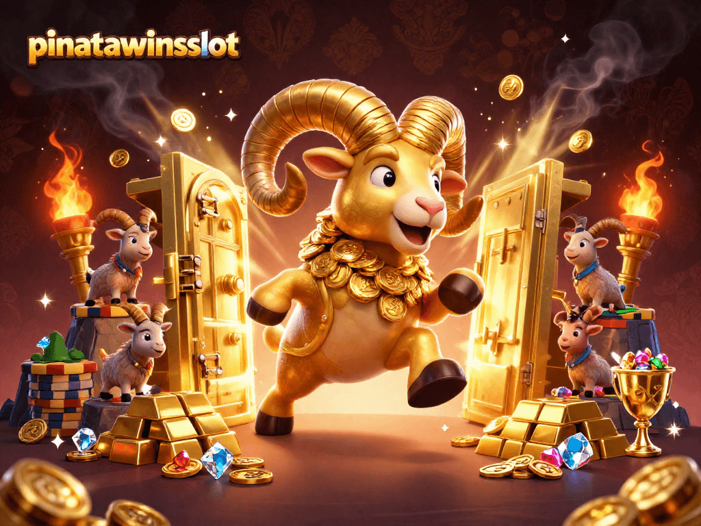 Engage in excitement with pinatawinsslot as a golden ram charges through a treasure vault filled with gems.