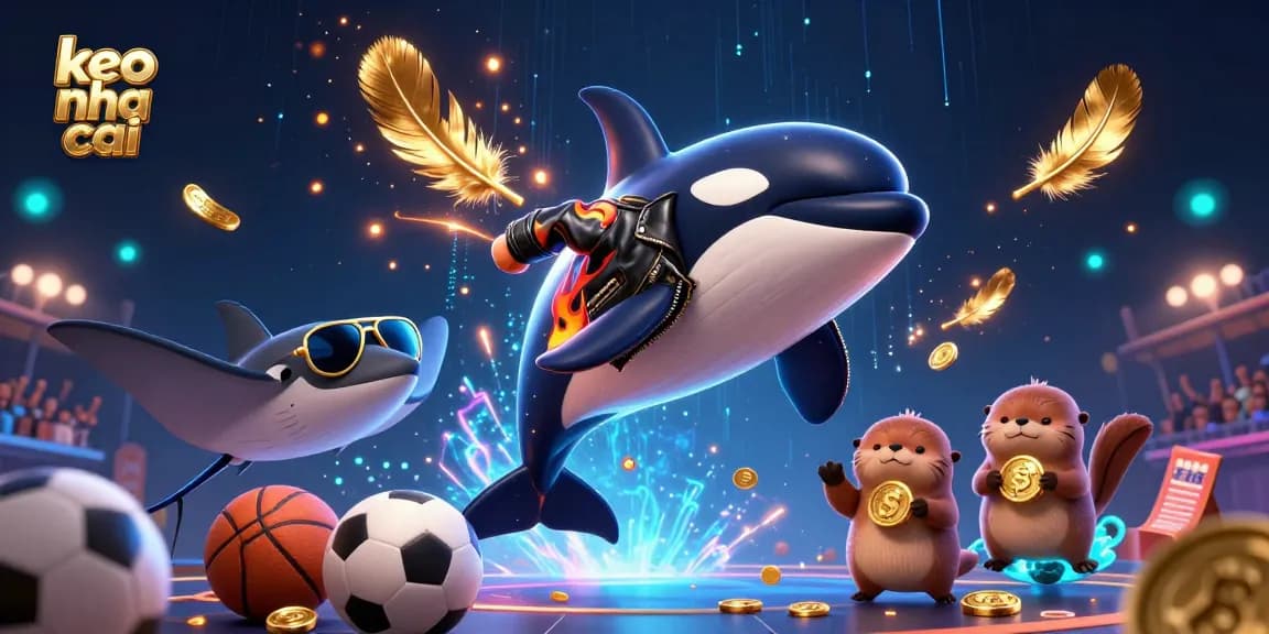 Engage with keo nha cai action as a 3D orca jumps amid sports elements and gold coins.