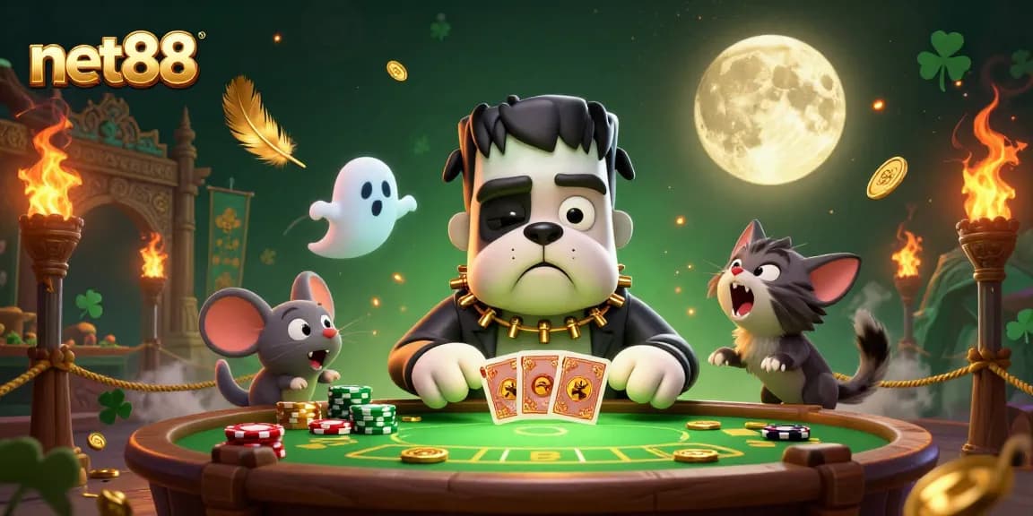 Experience thrilling casino action with net88's vibrant 3D illustration of cards, coins, and playful characters.