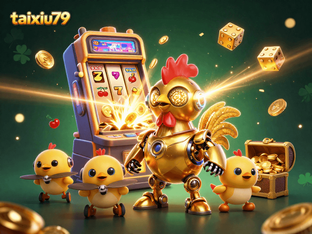 Engage with taixiu79's vibrant casino world featuring a golden rooster robot and slot machine action.