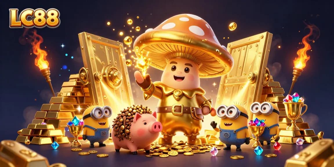 LC88's magical 3D casino scene bursting with gold and gems, showcasing exciting gameplay elements.