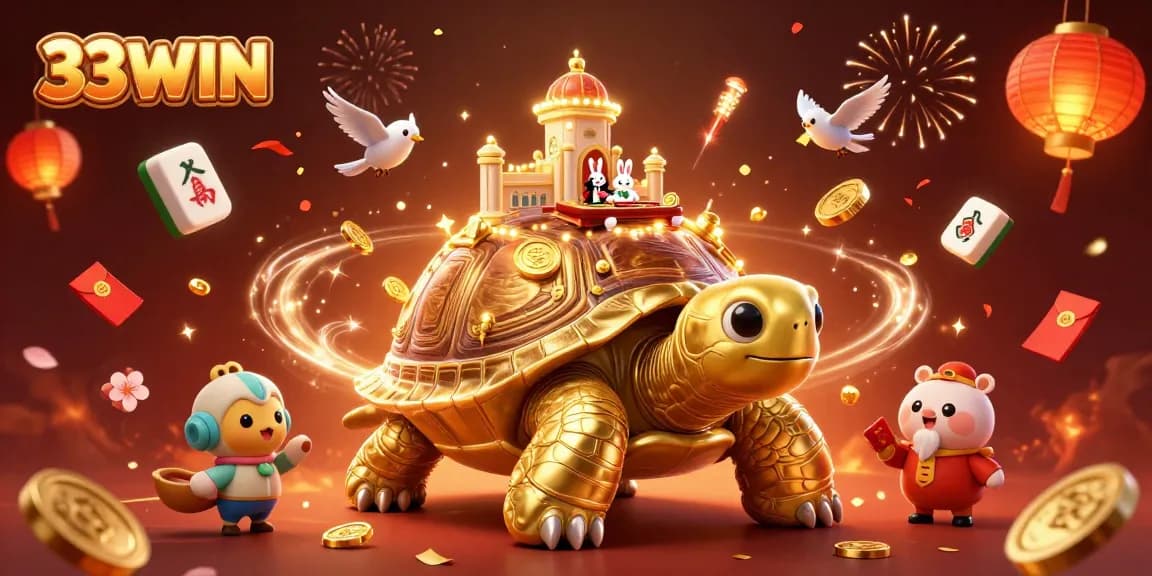 Experience winning moments at 33WIN with vibrant 3D casino illustration featuring golden tortoise and dealer.