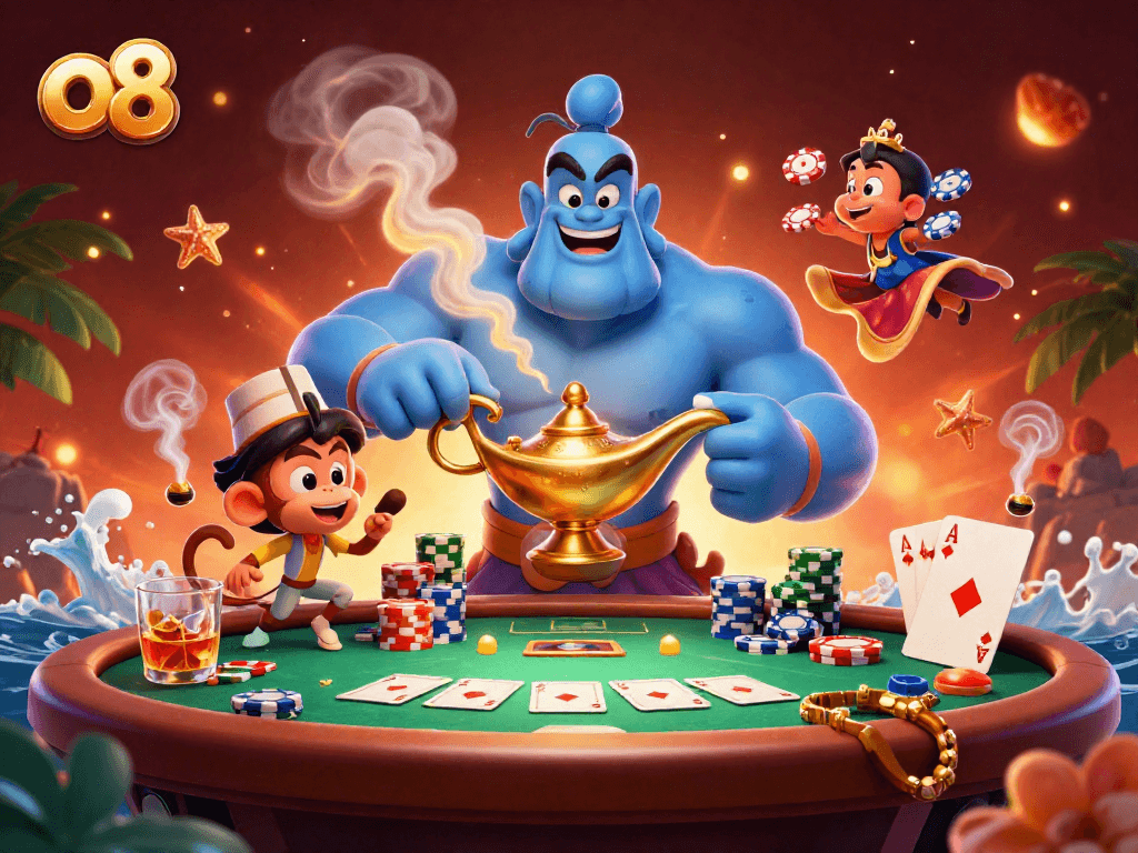 Play exciting games at o8, featuring a lively 3D scene with poker elements and a magical genie.
