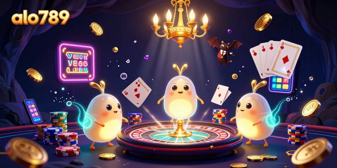 Alo789 illuminates the casino scene with glowworms and a bat dealer, showcasing vibrant gaming elements.