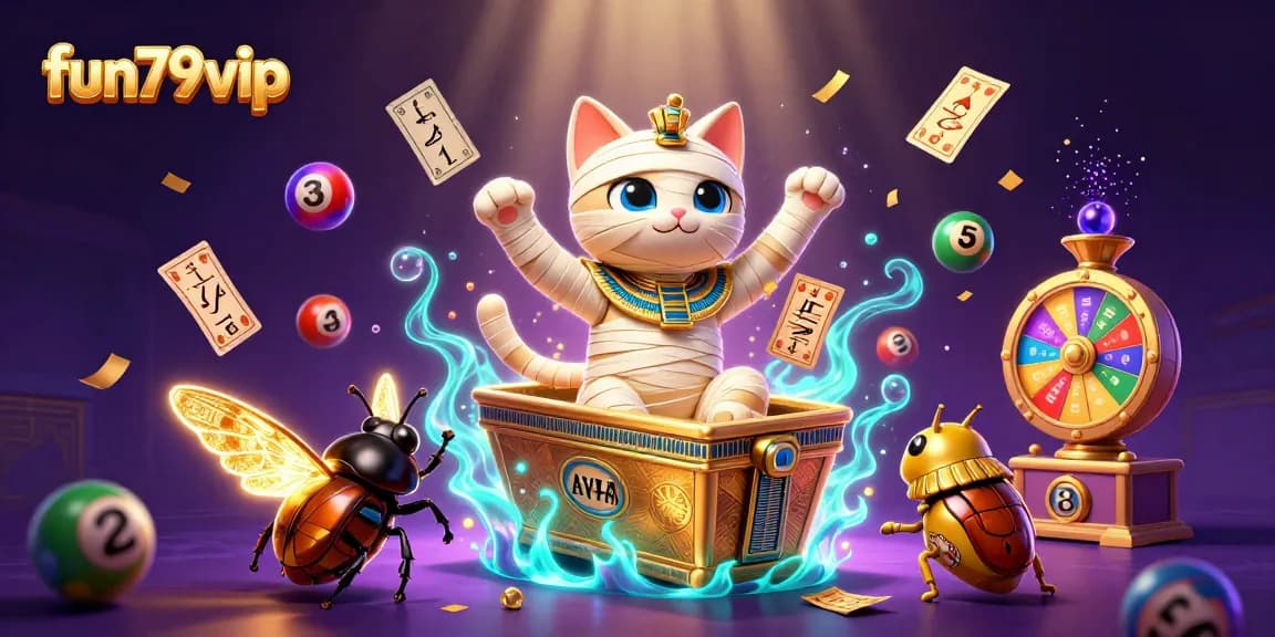 Experience thrilling action at fun79vip with an Egyptian mummy cat and vibrant gambling elements.