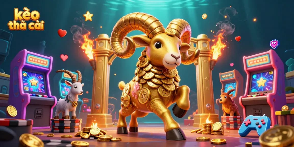 Experience the thrilling action of kèo nhà cái with a golden ram charging through a vibrant gaming scene.