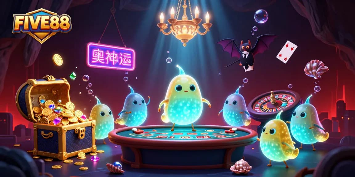 Experience the excitement of FIVE88 casino with glowworms and vibrant games in a lively underwater scene.