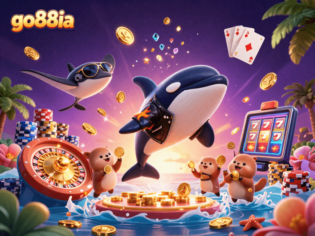 Experience go88ia thrills with an orca, stingray, and otters in a vibrant casino scene.