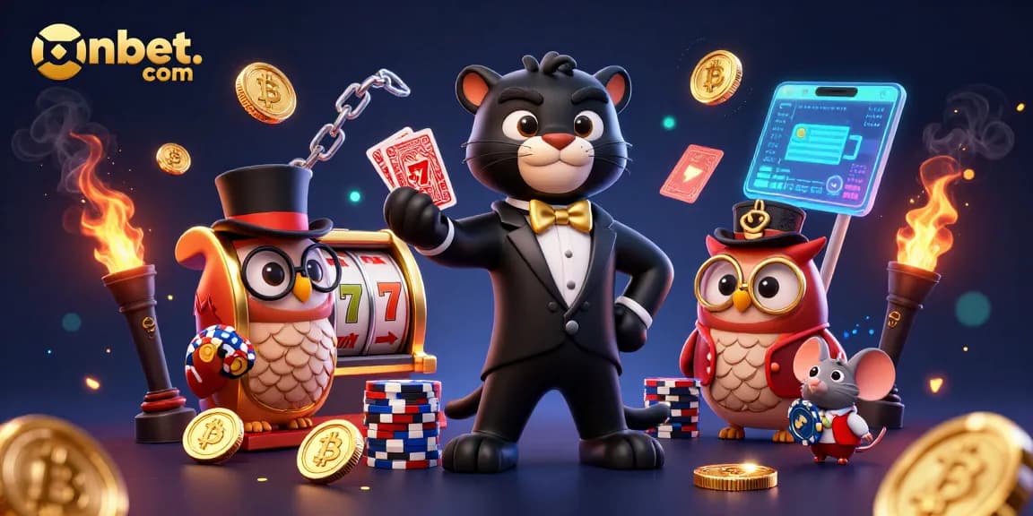 Engage with exciting slots and games at onbet. com amidst vibrant casino-themed characters and elements.