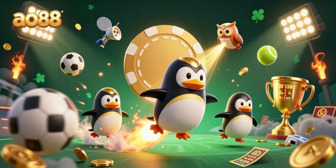 Experience ao88's thrilling gaming scene with the golden penguin and casino elements!