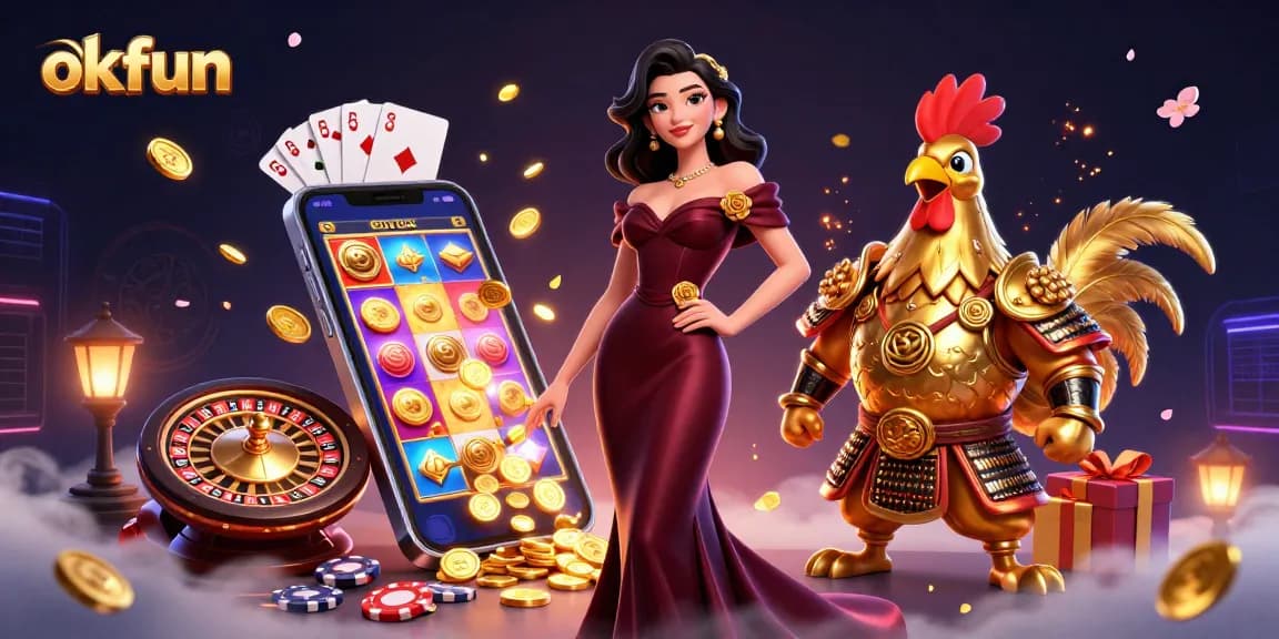 okfun casino experience showcases a glamorous woman and golden rooster winning big with slot games.