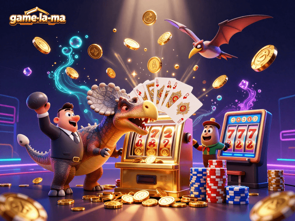 Catch the thrilling action of game-la-ma as dinosaurs celebrate with casino jackpots!