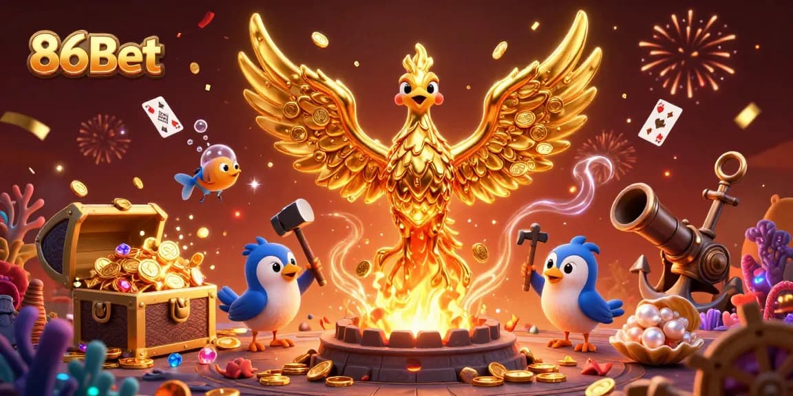 Play thrilling games at 86Bet with a dynamic casino-themed 3D illustration featuring gold coins and cards.