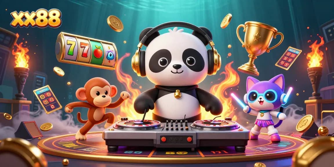 Engage with xx88's vibrant online casino scene featuring a DJ panda and dynamic slot reels.