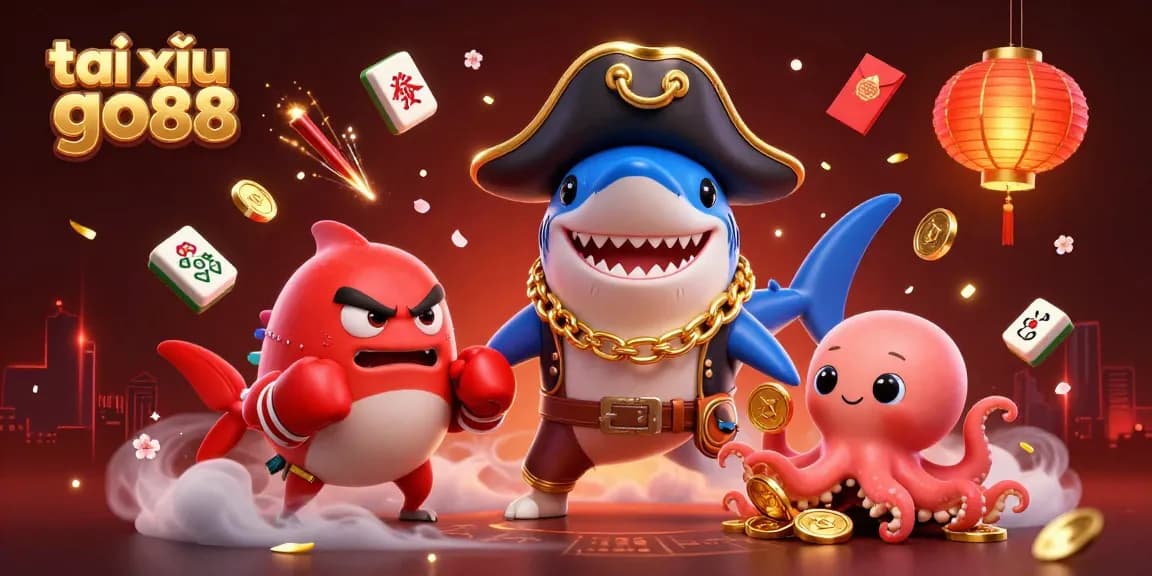 Engage in thrilling tài xỉu go88 gameplay with cartoon pirate shark, pufferfish, and octopus in an action-packed casino scene.