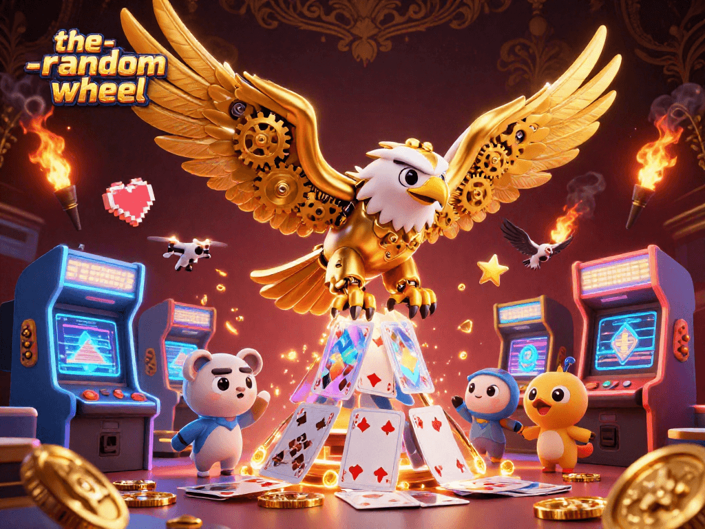 Engage with the-random-wheel as a golden eagle dives through vibrant holographic cards and arcade games.