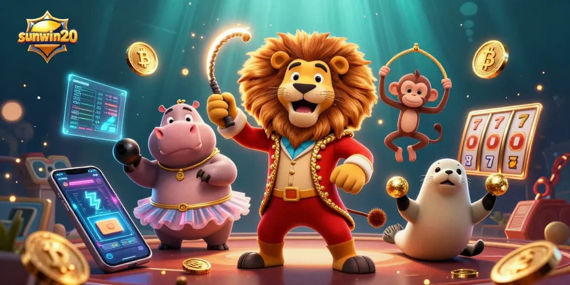 Experience the vibrant world of sunwin20 with 3D characters in a casino setting showcasing slot reels and neon elements.
