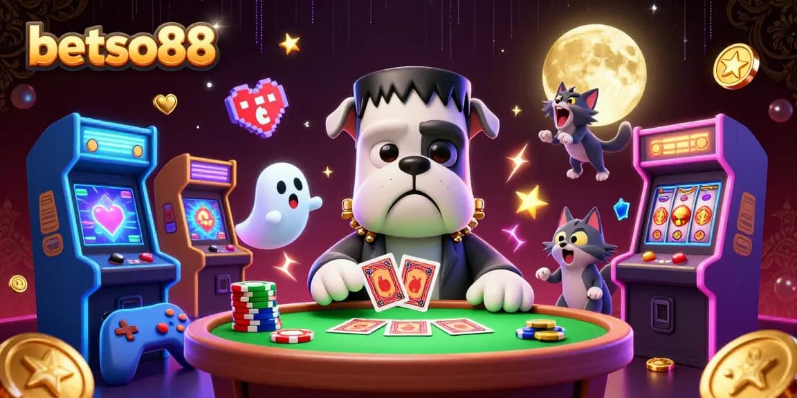 Betso88's thrilling 3D casino illustration featuring a Frankenstein bulldog dealer, a ghost mouse, and a werewolf kitten amidst vibrant gaming machines.