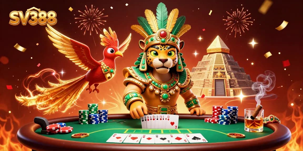 Experience SV388 excitement with a vibrant poker scene featuring dynamic 3D Mayan characters.