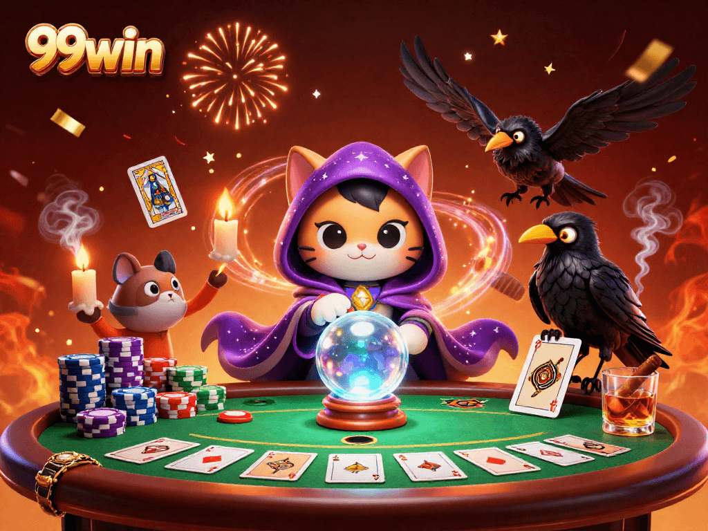 Experience the thrilling atmosphere of 99win's online casino with mystical characters and vibrant gaming elements.