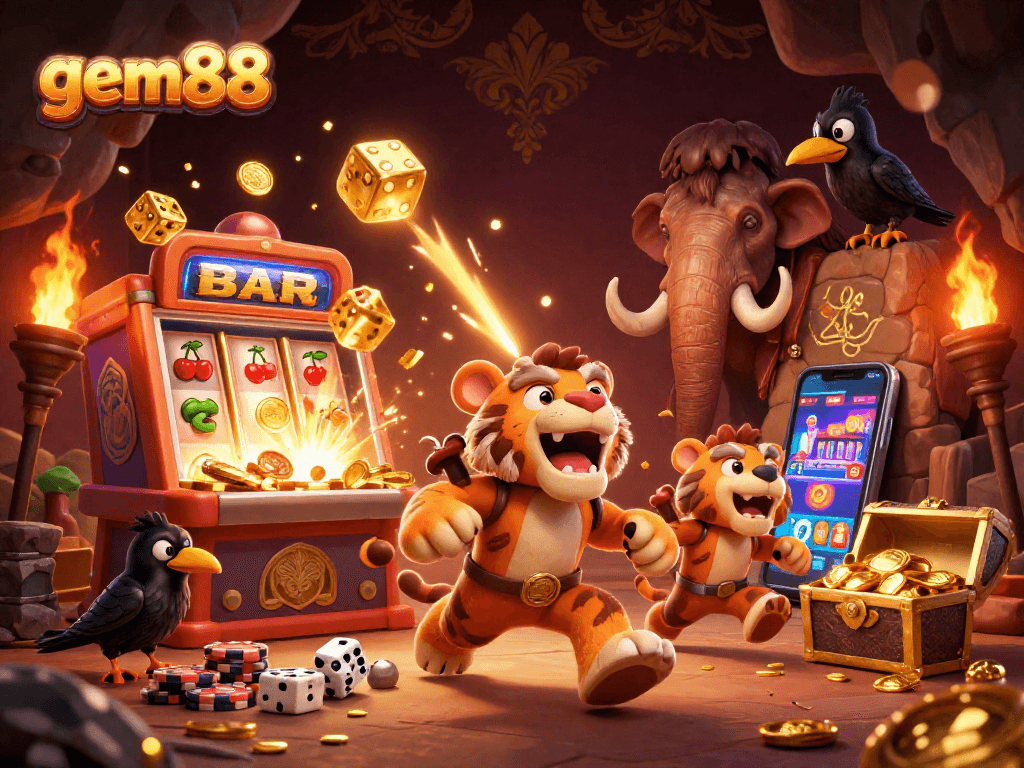 Experience thrilling gaming at gem88 with a vibrant prehistoric casino scene filled with slot action.