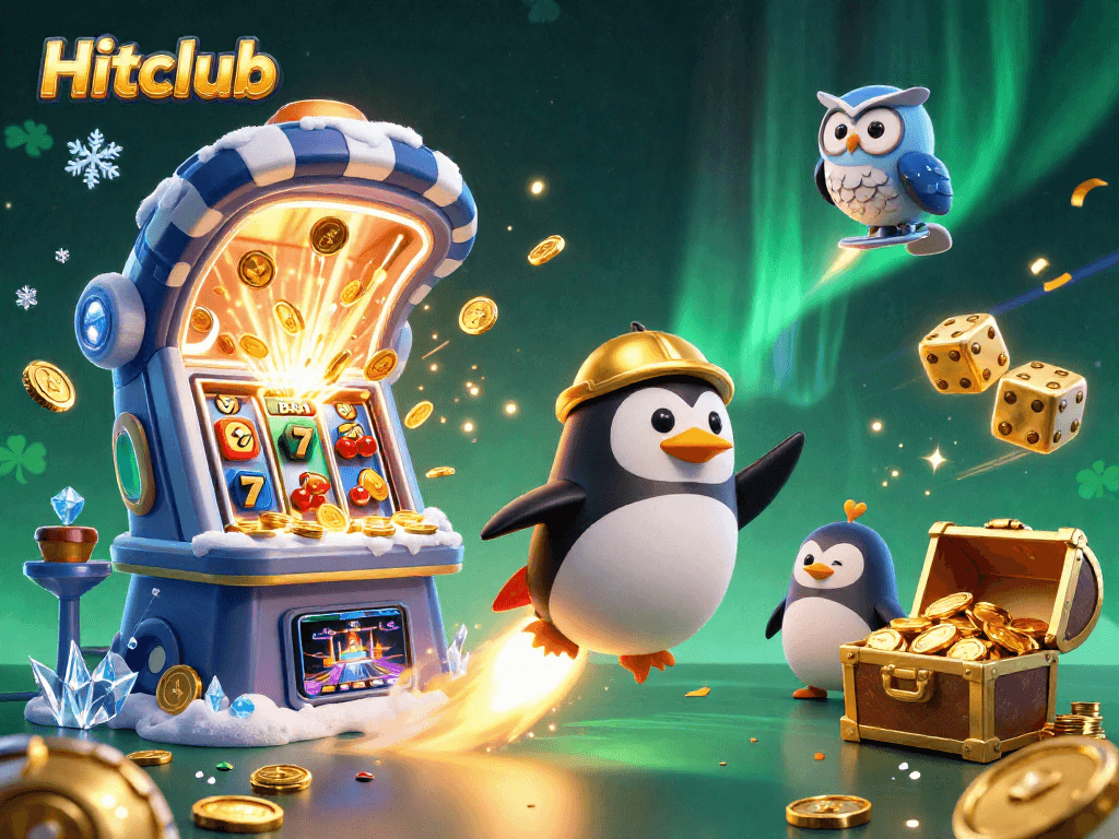 Hitclub showcases a rocket-powered penguin soaring toward a vibrant casino scene filled with jackpots.