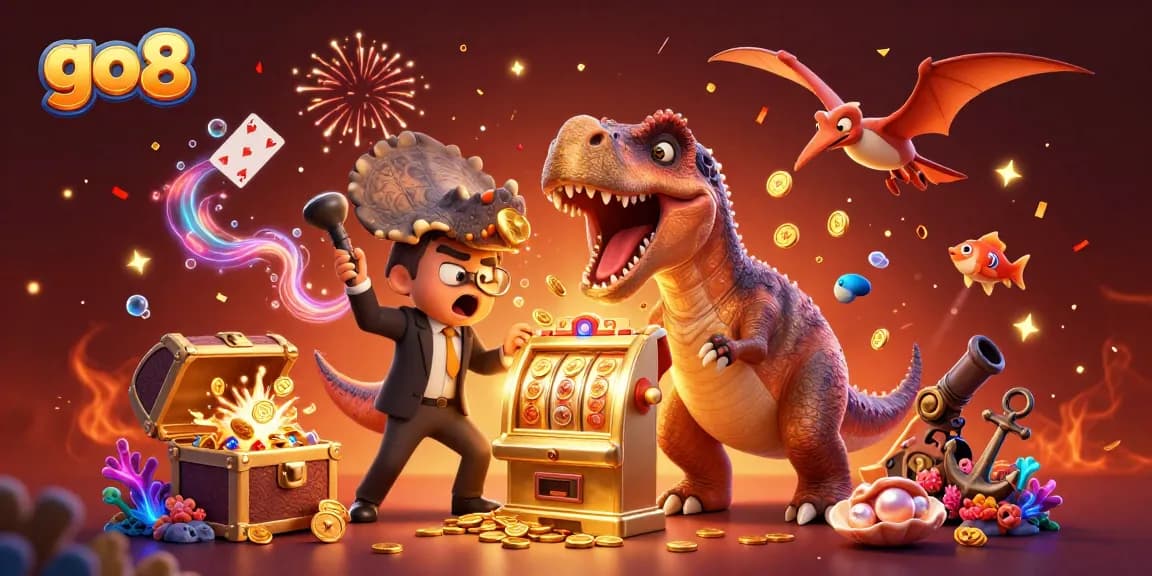 Experience thrilling go8 slots as a dinosaur hits a jackpot, coins exploding everywhere!