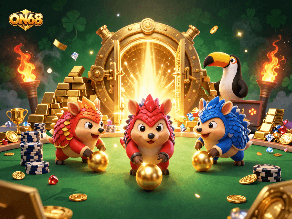 Engage with ON68's thrilling gaming action featuring rival pangolins bowling through poker chips.